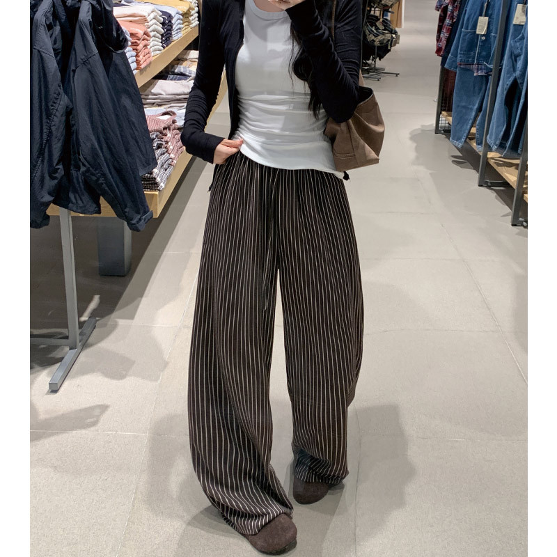 条纹阔腿裤女2025秋季新款抽绳高腰垂感小个子宽松直筒休闲裤，女装休闲裤，搜酷衣阁