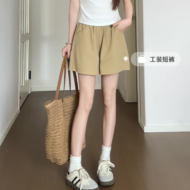 休闲短裤女薄2025夏季新款宽松百搭卡其色工装裤外穿阔腿运动短裤，女装休闲裤，搜酷衣阁