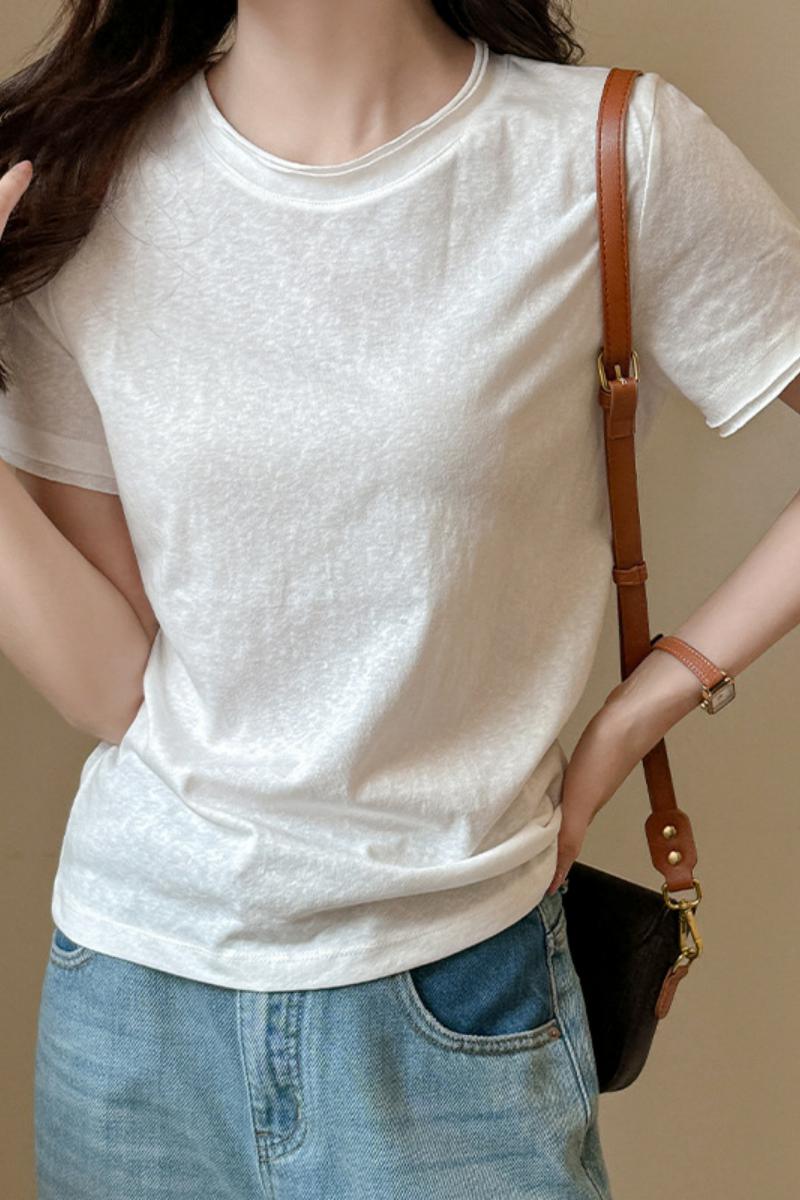 韩系小圆领正肩短袖t恤女夏内搭打底衫高级感辣妹纯色上衣慵懒风，女装T恤，搜酷衣阁