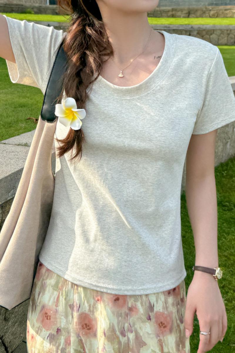 纯棉大圆领正肩短袖体t恤女装春夏季简约百搭Ｔ恤修身打底衫上衣，女装T恤，搜酷衣阁