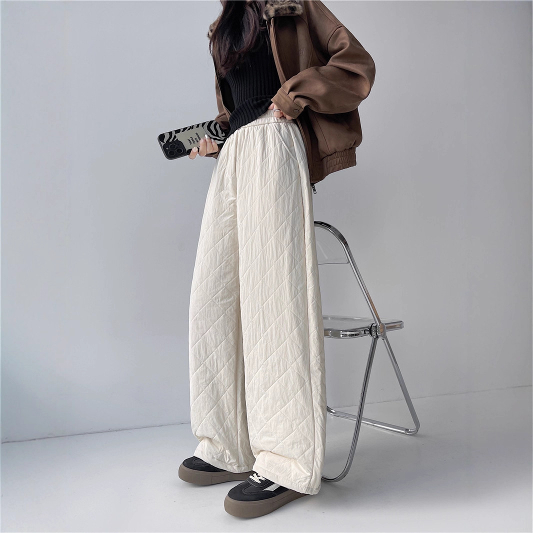 两穿格子夹棉女冬季压线休闲松紧腰潮牌抽绳阔腿裤，女装休闲裤，搜酷衣阁