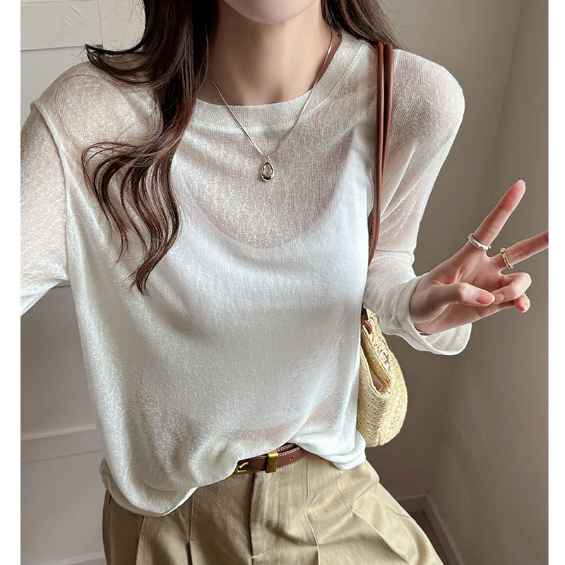 微透防晒罩衫新款韩系慵懒风宽松显瘦遮肚子长袖白色上衣空调衫夏，女装T恤，搜酷衣阁