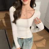 H588大U领打底衫女春秋冬季内搭可拆卸带胸垫修身显瘦T恤长袖上衣，保暖内衣，搜酷衣阁