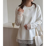 W韩系蕾丝拼接长袖打底衫女加厚磨毛高级感简约内搭德绒上衣，女装T恤，搜酷衣阁