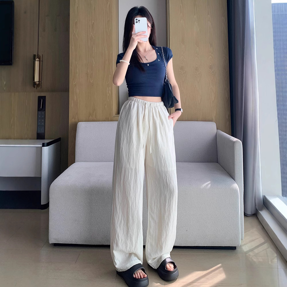 韵殿天丝棉麻阔腿裤女2025夏新款亚麻穿搭轻薄慵懒山本杏色直筒裤，女装休闲裤，搜酷衣阁