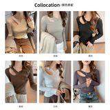 W设计感圆领螺纹镂空打底衫女秋冬季正肩修身显瘦内搭可外穿上衣，保暖内衣，搜酷衣阁