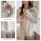 W韩系蕾丝拼接长袖打底衫女加厚磨毛高级感简约内搭德绒上衣，女装T恤，搜酷衣阁