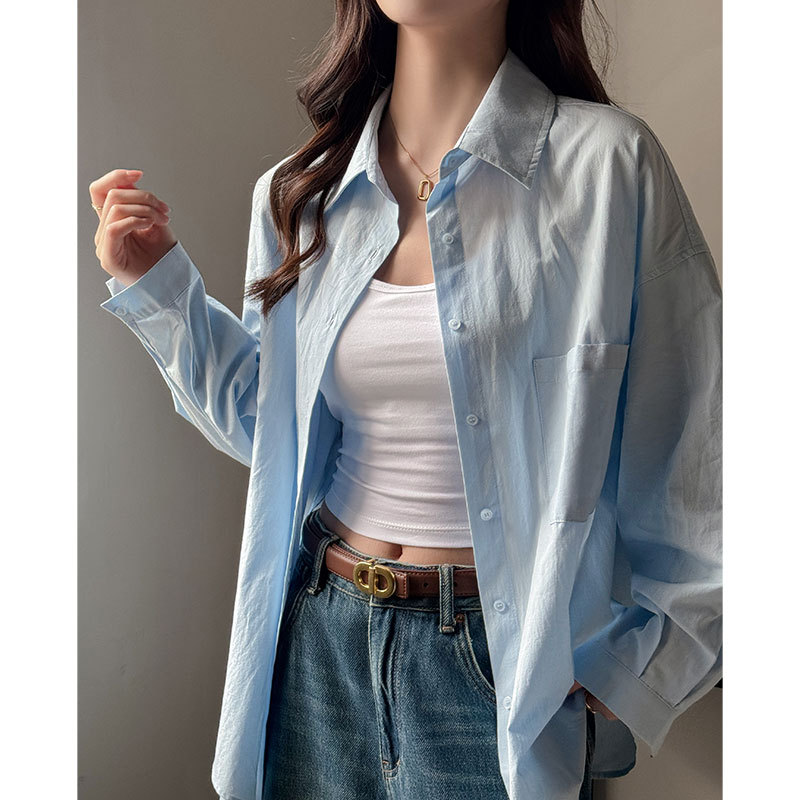 高级感纯色长袖衬衫女春夏宽松慵懒风时尚百搭大码蓝色基础款开衫，女装衬衫，搜酷衣阁