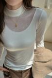 W半高领莱赛尔内搭打底衫女设计感镂空白色正肩显瘦上衣，女装T恤，搜酷衣阁