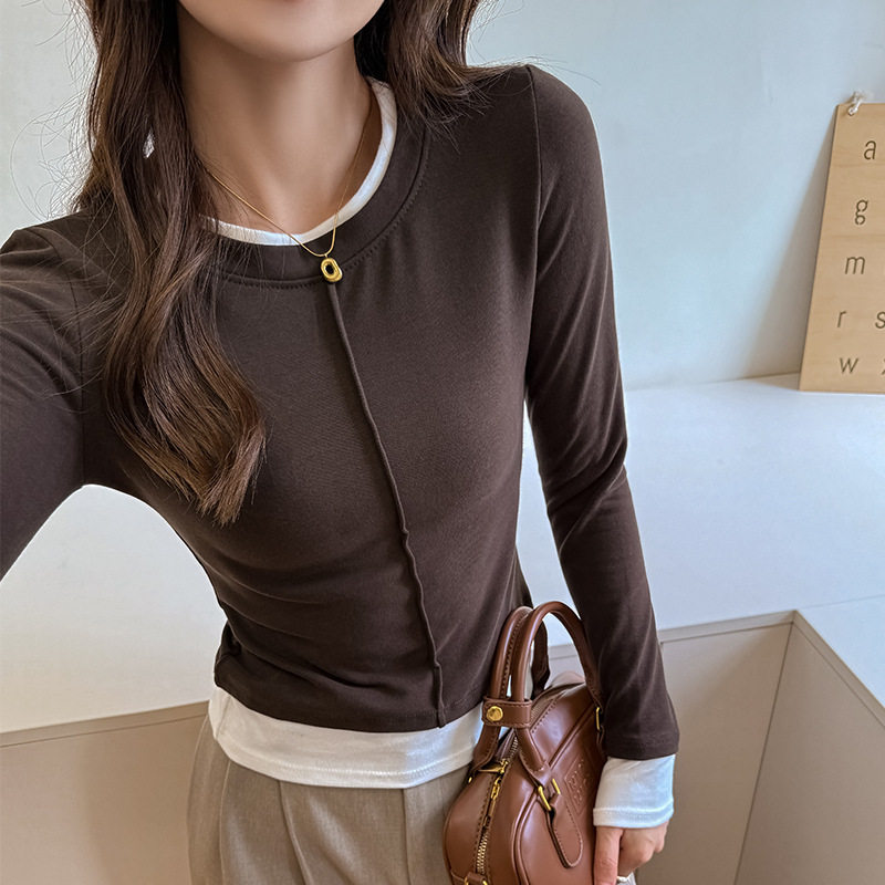 W美式假两件长袖t恤女新款修身显瘦撞色设计感小众内搭圆领上衣，保暖内衣，搜酷衣阁