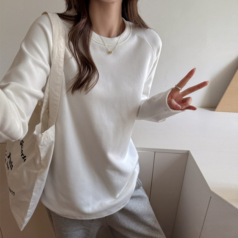加绒加厚德绒季圆领宽松版插肩长袖t恤女式内搭时尚洋气上衣，女装T恤，搜酷衣阁