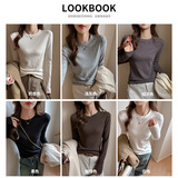 莱赛尔圆领纯色百搭设计感拼接长袖打底衫女内搭t恤上衣，女装T恤，搜酷衣阁