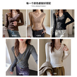 美式大V领德绒螺纹磨毛打底衫女内搭秋冬季修身喇叭袖正肩t恤上衣，保暖内衣，搜酷衣阁