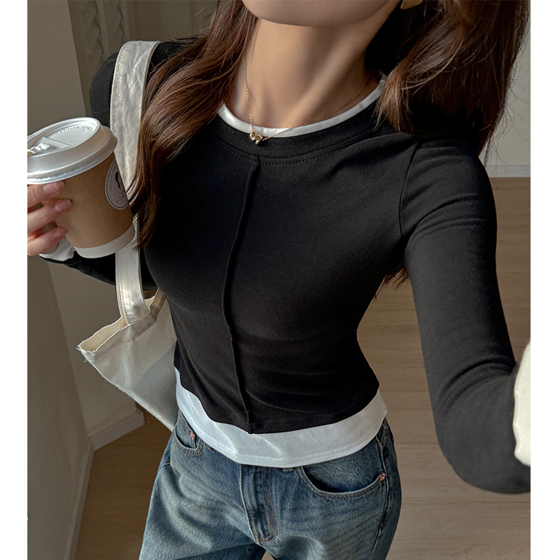 工厂美式复古长袖t恤女早秋季圆领撞色修身显瘦设计感正肩打底衫,保暖内衣,搜酷衣阁 工厂美式复古长袖t恤女早秋季圆领撞色修身显瘦设计感正肩打底衫,保暖内衣,搜酷衣阁