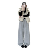 高品质撞色罗纹腰弯刀裤女秋冬新款显瘦高腰阔腿裤慵懒加绒运动裤，女装休闲裤，搜酷衣阁