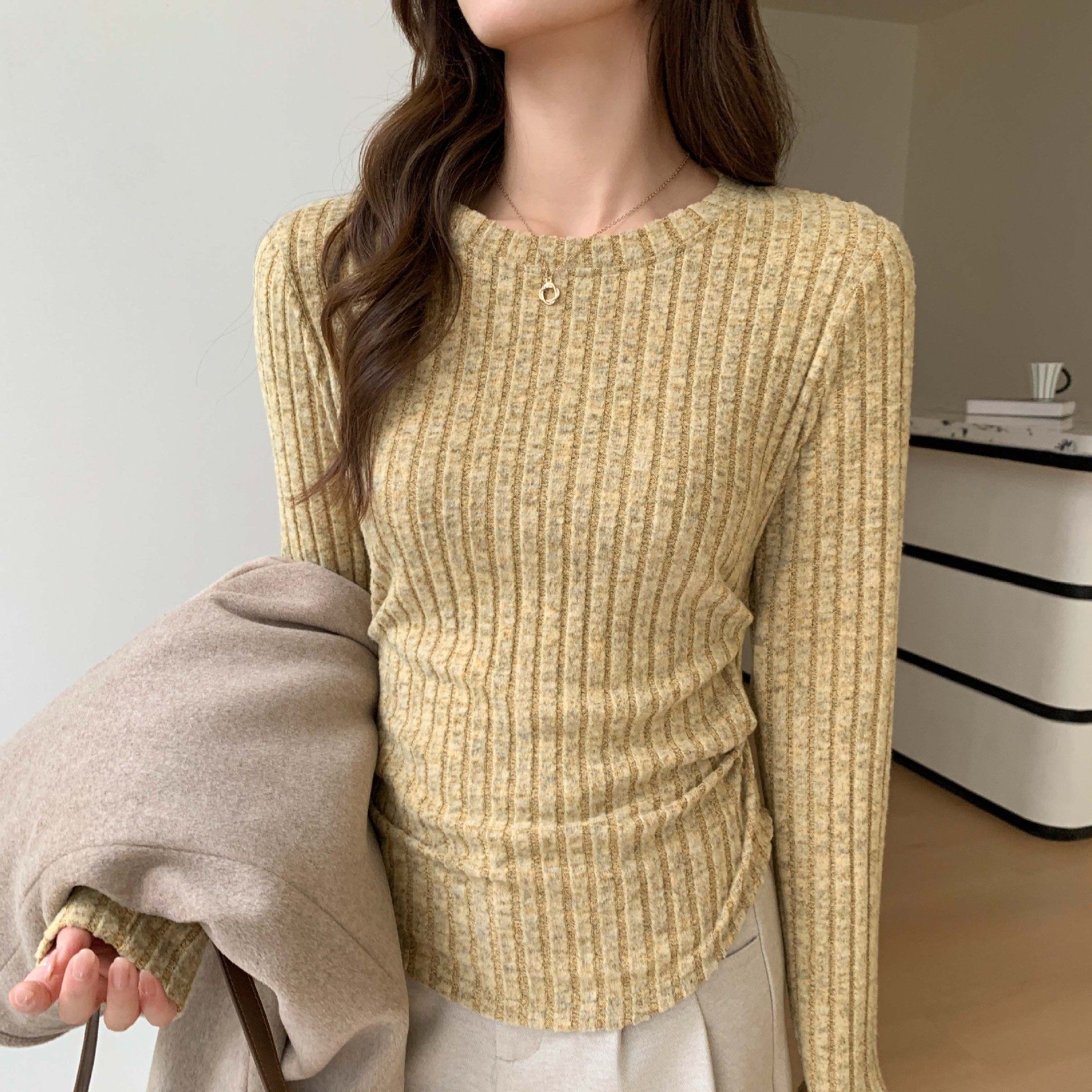 555圆领打皱打底衫女秋冬新款保暖毛衣修身竖条针织衫长袖上衣T恤，保暖内衣，搜酷衣阁