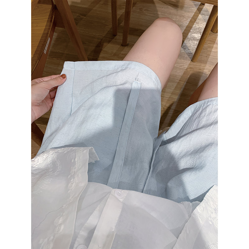 日系蓝色亚麻短裤女夏季薄款宽松小个子a字五分休闲天丝阔腿中裤，女装打底裤，搜酷衣阁