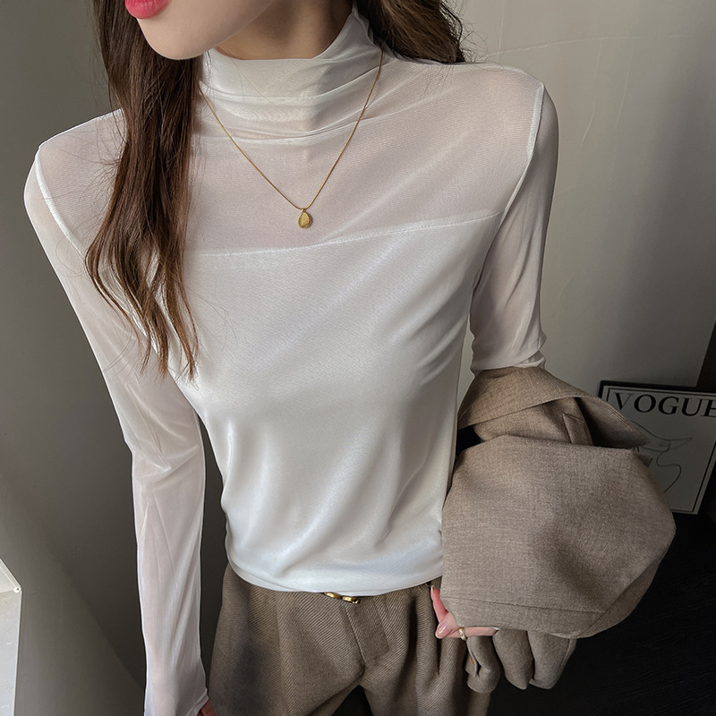 W白色网纱拼接长袖打底衫女秋冬季半高领时尚洋气高级感内搭上衣,保暖内衣,搜酷衣阁 W白色网纱拼接长袖打底衫女秋冬季半高领时尚洋气高级感内搭上衣,保暖内衣,搜酷衣阁