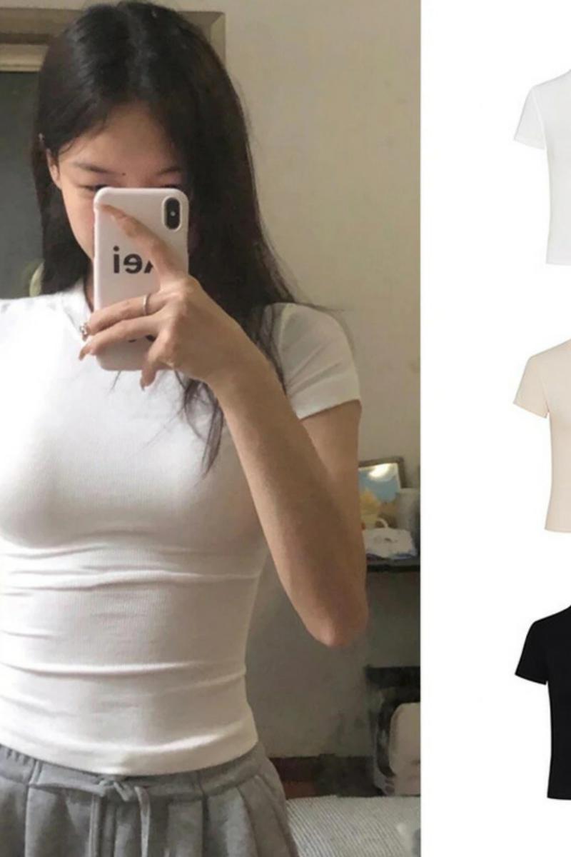 H586修身短袖t恤白色夏季辣妹上衣圆领正肩女法式弹力显瘦内外搭，女装T恤，搜酷衣阁