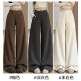 咖色加厚毛呢阔腿西装裤女2026秋冬季新款侧腰纽扣设计宽松休闲裤，女装休闲裤，搜酷衣阁