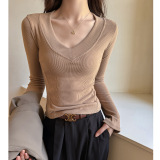 韩系v领德绒打底衫女秋冬季正肩修身显瘦设计感拼接纯色内搭上衣，保暖内衣，搜酷衣阁