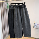 毛呢加绒阔腿裤女冬季新款撞色腰头休闲裤女款加厚显瘦裤子女士冬，女装休闲裤，搜酷衣阁
