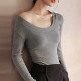 W大圆领纯色t恤女秋冬季修身显瘦内搭上衣高级感长袖打底衫，保暖内衣，搜酷衣阁