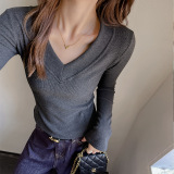 季加厚磨毛德绒螺纹拼接长袖t恤女内搭打底衫显腰瘦大V领上衣，女装T恤，搜酷衣阁