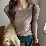 仿羊绒圆领拼接设计感长袖t恤女内搭打底衫高级感可外穿上衣，女装T恤，搜酷衣阁