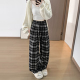 慵懒休闲格纹阔腿裤女秋季高腰宽松遮肉显瘦直筒垂感遛弯拖地长裤，女装休闲裤，搜酷衣阁