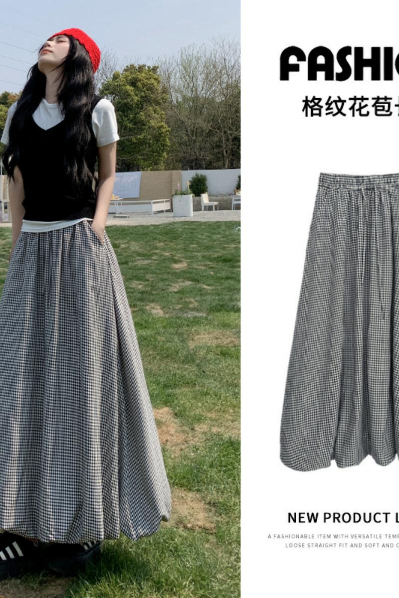 复古黑白格花苞长裙女夏季慵懒风宽松A字版型遮胯垂感蓬蓬半身裙，女装半身裙，搜酷衣阁