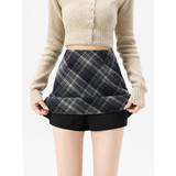 灰色格子毛呢半身裙女秋冬季短裙2025款高腰a字小个子显瘦包臀裙，女装半身裙，搜酷衣阁