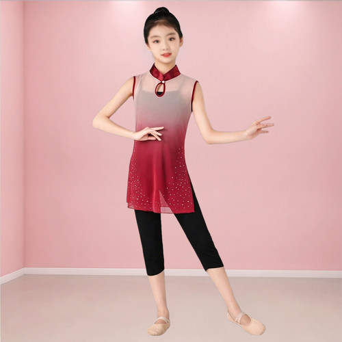 酒红立领古典舞旗袍练功服女款