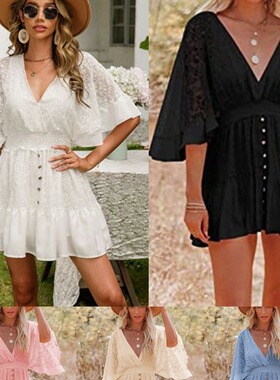 Lace patchwork batball sleeve dress女士蕾丝拼接蝙蝠袖连衣裙