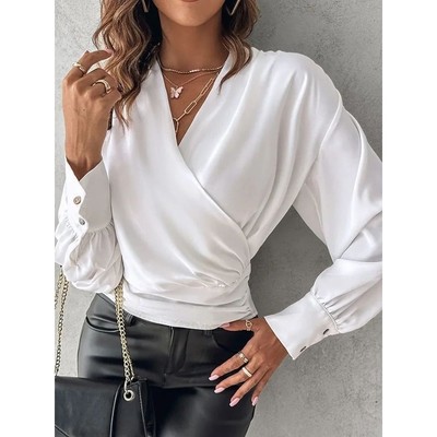 Sexy V-neck long sleeved waist cinched shirt性感V领长袖衬衫