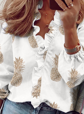 Printed Long Sleeve Ruffle V-Neck Top印花长袖荷叶边 V 领上衣