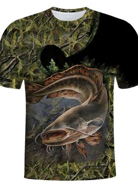 Catfish 3D printed round neck T-shirt 鲶鱼3D印花户外钓鱼短袖