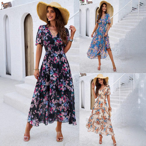 收腰短袖连衣裙女Women's waist cinched short sleeved dress