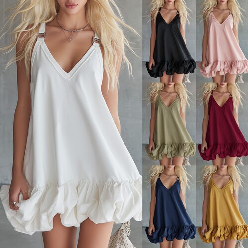 纯色V领荷叶边女士连衣裙Solid color V-neck rufflewomen'sdress