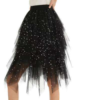 拼接不规则中长纱裙Splicing irregular medium length yarnskirt