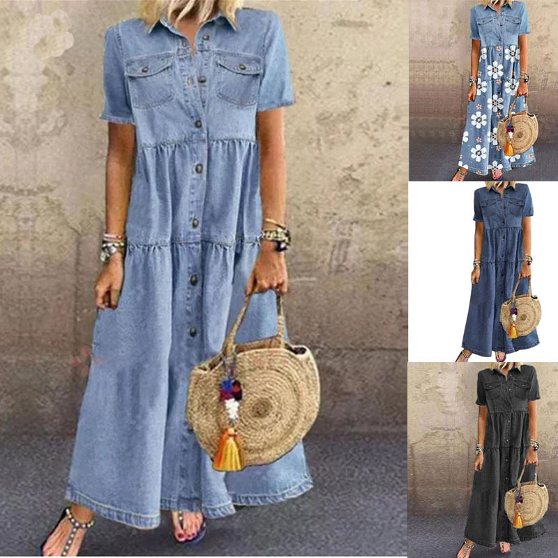Button worn denim loose jumpsuit long skirt 纽扣牛仔连衣裙女图片