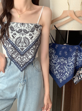 Printed retro all-match small suspender夏印花复古百搭小吊带