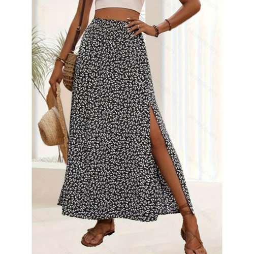 松紧高腰开叉女士半身裙Elastic high waisted slit women'sskirt