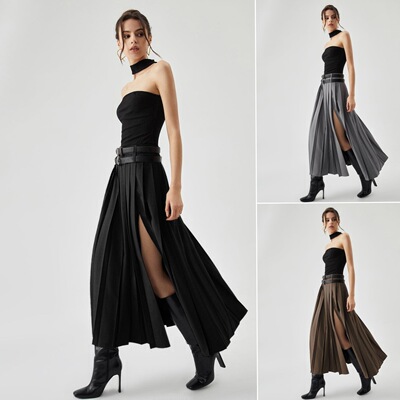 高腰开叉百褶半身长裙High waisted slit pleatedhalflengthskirt