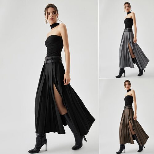 高腰开叉百褶半身长裙High waisted slit pleatedhalflengthskirt