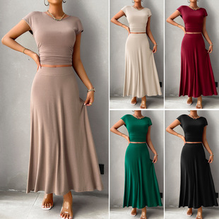 女纯色短袖 fit skirt set slim sleeved color Solid 裙套装 short
