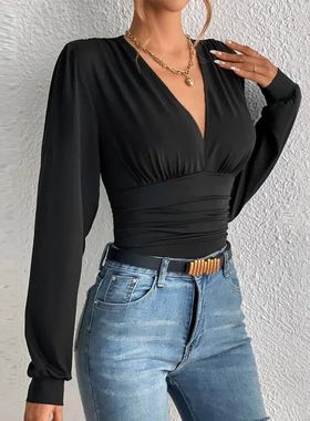 Long sleeved V-neck casual waist cinched top长袖V领纯色上衣
