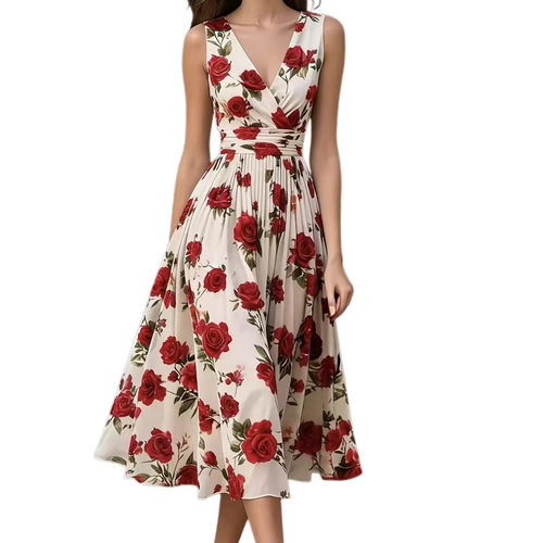 V领印花女式修身连衣裙V-neck printed women's slim fit dress