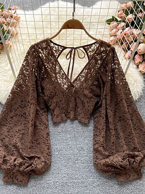 ff Long Sleeve Open Back Short Tops Female Party Blusas 2021