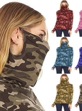 Printed semi high neck camouflage base shirt半高领迷彩上衣女